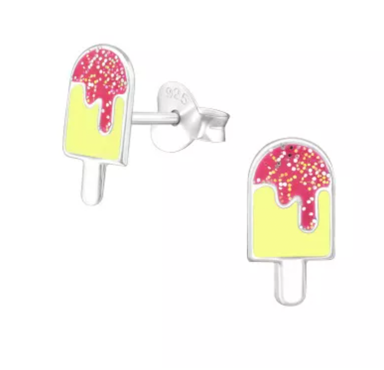 Kids Ice-cream with Glitter Silver Stud Earrings