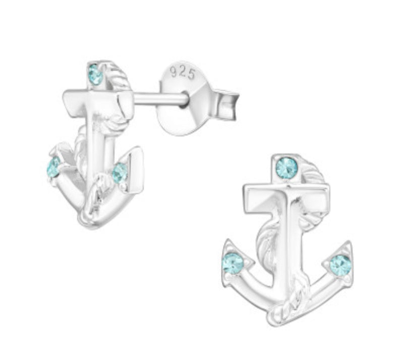 Kids Blue Anchor Silver Stud Earrings