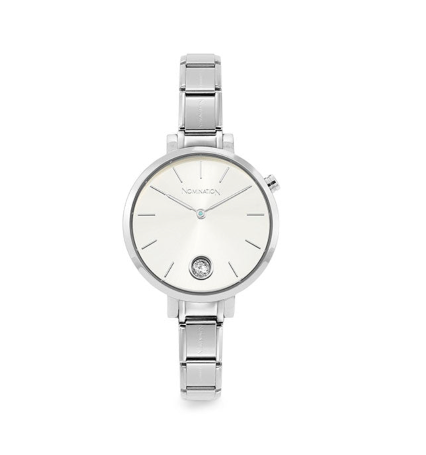 Stainless Steel & Round Sunray Silver Dial With CZ