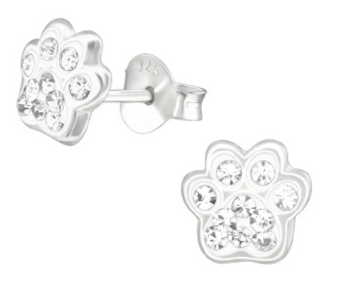 Kids Clear Crystal Paw Print Silver Stud Earrings