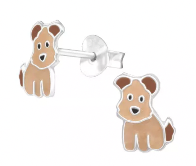 Kids Brown Sitting Dog Silver Stud Earrings