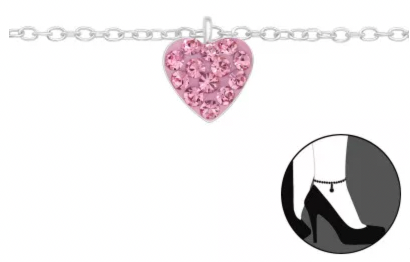 Kids Light Rose Pink Heart Silver Anklet
