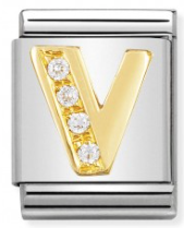 BIG Link - Letter V with CZ in Gold Charm