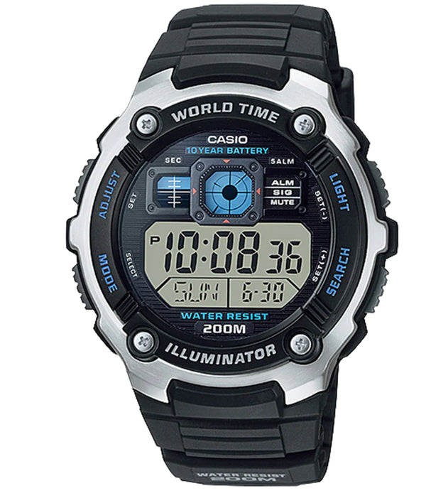 Casio Digital Sports Blue World Map Black Resin Band Watch