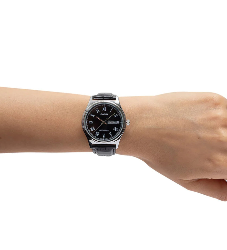 Casio Analogue Black Face Day + Date, Black Leather Band Watch