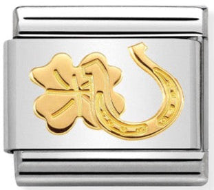 Good Luck - Horseshoe & Four Leaf Clover Gold Charm