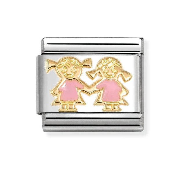 Family - Sisters with Pink Enamel Gold Charm