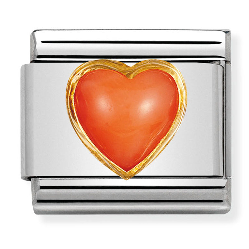 Gemstones - Red Coral Stone Heart Gold Charm