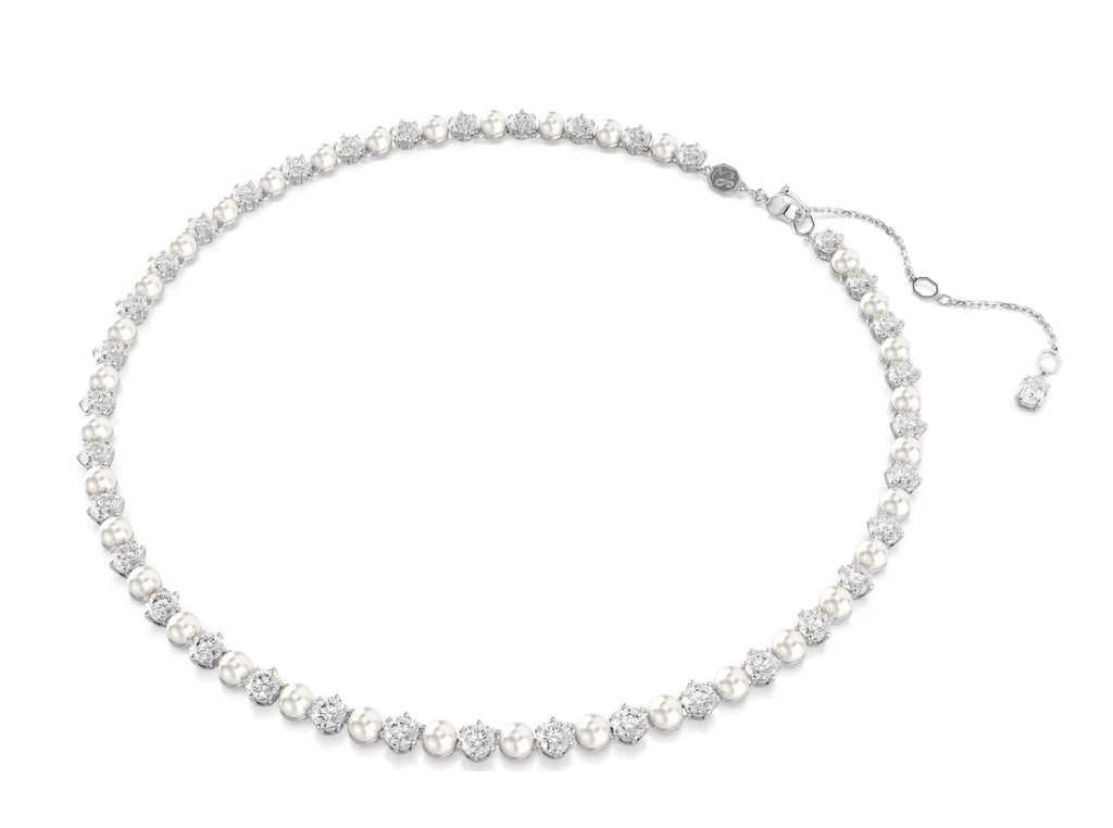 Matrix Crystal Pearl & Round Cut Silver Tennis Necklace