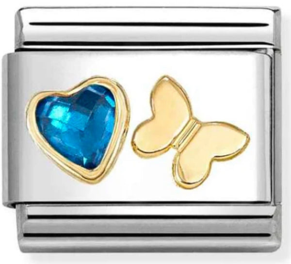 Love - Blue CZ Heart & Butterfly Gold Charm