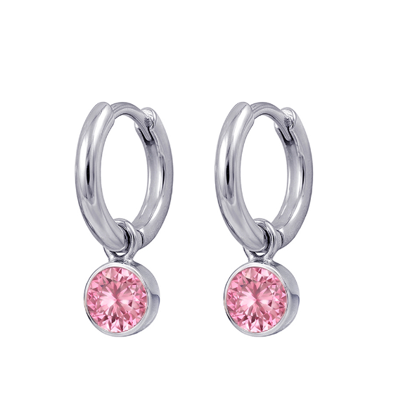 Birthstone: Pink Crystal CZ Drop St/Silver Huggie Earrings