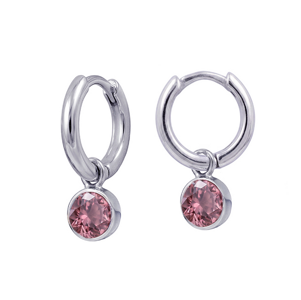 Birthstone: Pink (Alexandrite) Crystal CZ Drop St/Silver Huggie Earrings