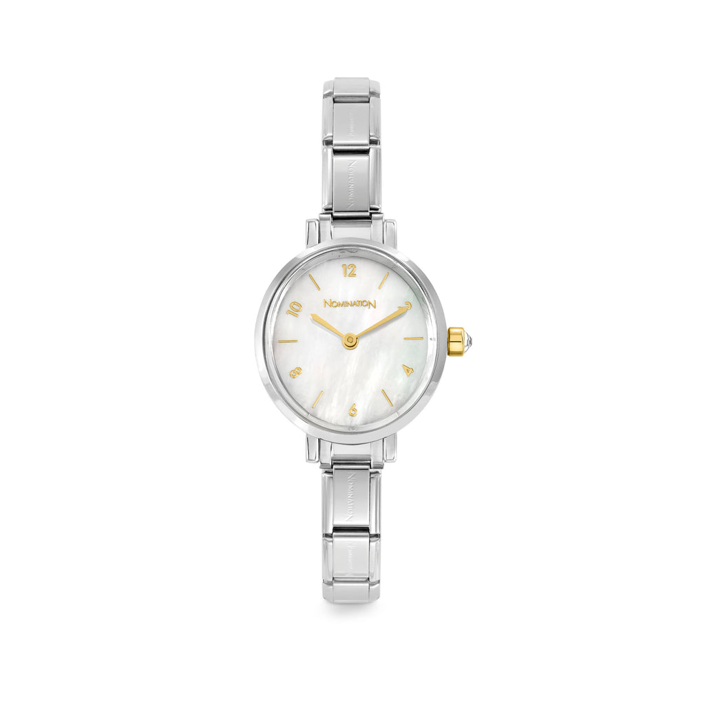 Paris: White Mother of Pearl with CZ and Gold Details Oval Silver Watch