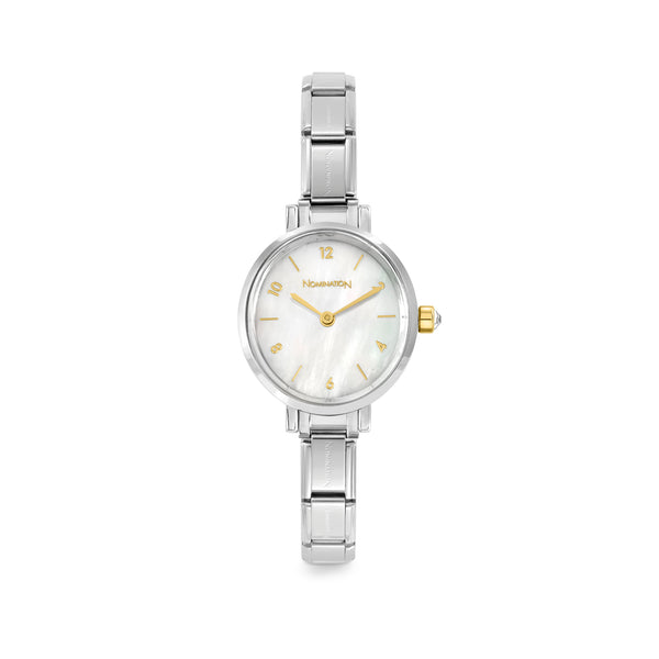 Paris: White Mother of Pearl with CZ and Gold Details Oval Silver Watch