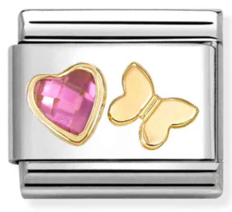 Love - Pink CZ Heart & Butterfly Gold Charm