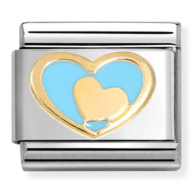 Love - Coloured Blue Heart in Heart Gold Charm