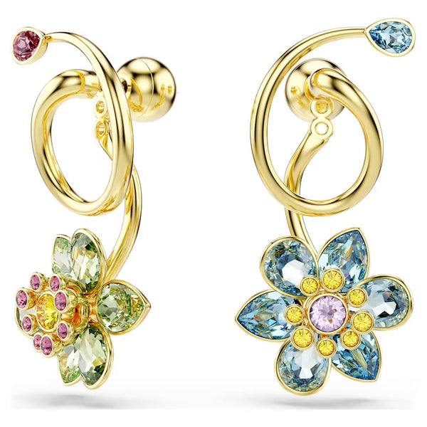 Idyllia Asymmterical Multicoloured Flower Mixed Cuts Gold Drop Earrngs