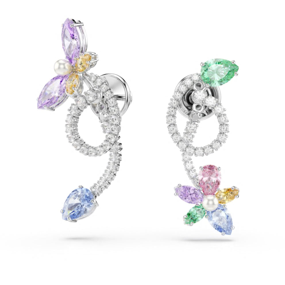 2026 Capsule Ariana Grande: Dragonfly/Flower Multicoloured Mixed Cuts Crystals Silver Drop Earrings with Ear Jacket
