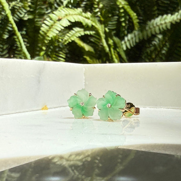 14ct Yellow Gold Light Green Burma Jade Floral Diamond Earrings