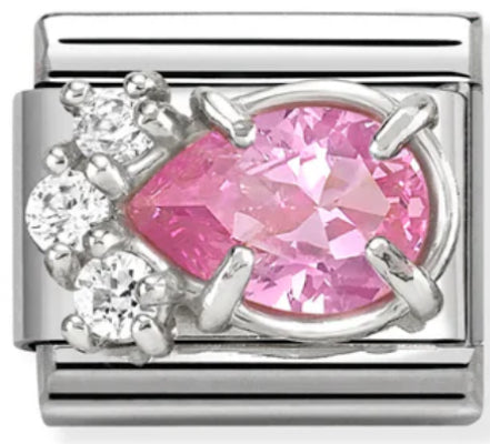 Gemstones - Raised White & Pink CZ Teardrop Silver Charm