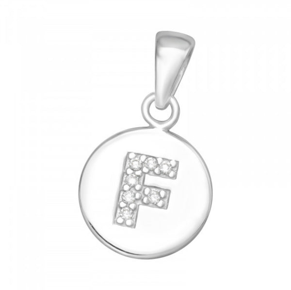 Round Disc White CZ Silver Initial Pendant