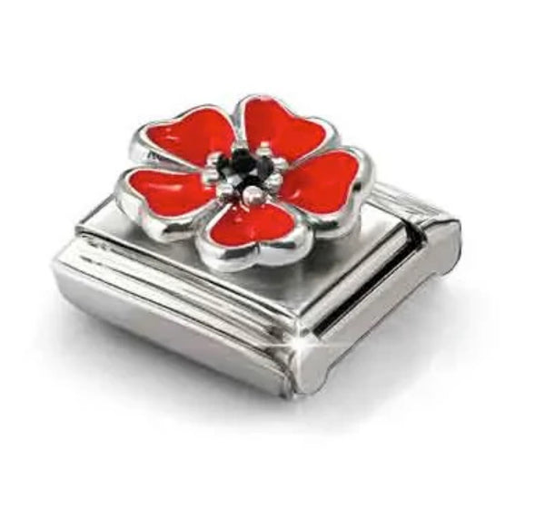 Nature - Red Poppy with Black CZ Silver Charm