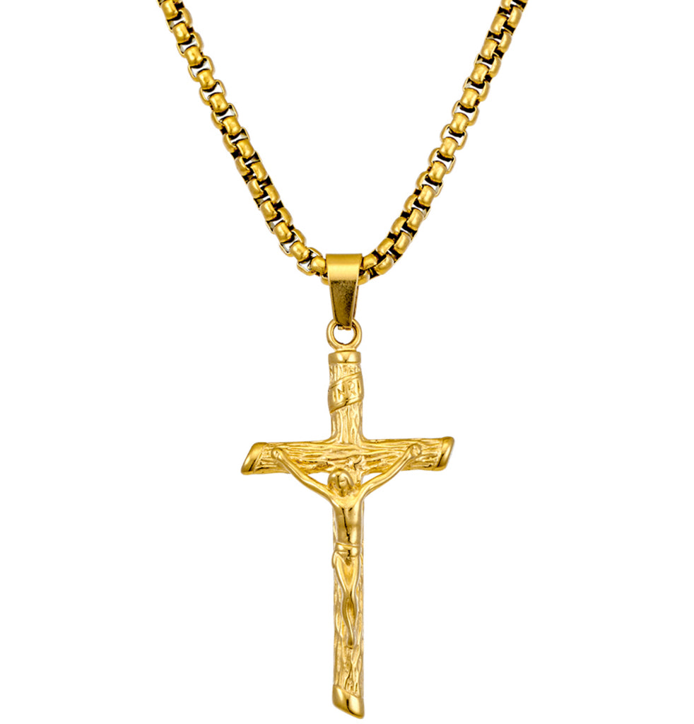 Necklace - Blaze Stainless Steel YGP Crucifix Pendant on Box Chain