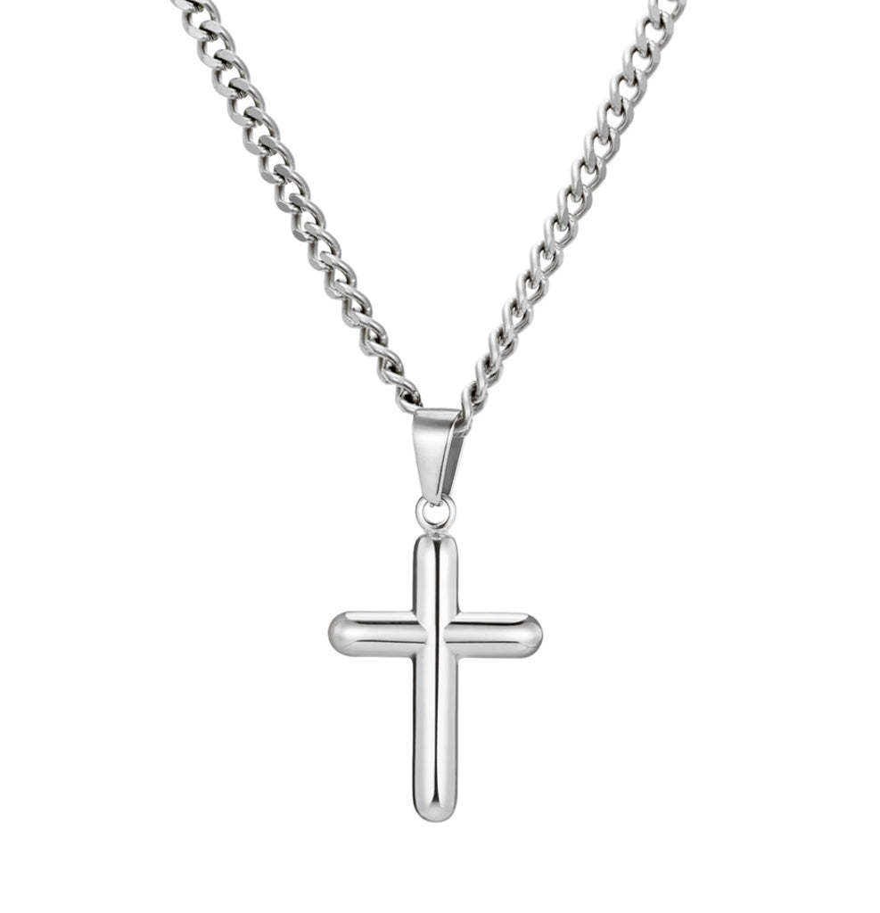Blaze Men’s Stainless Steel Rounded Cross Pendant with 3mm Curb Chain - 2 colours