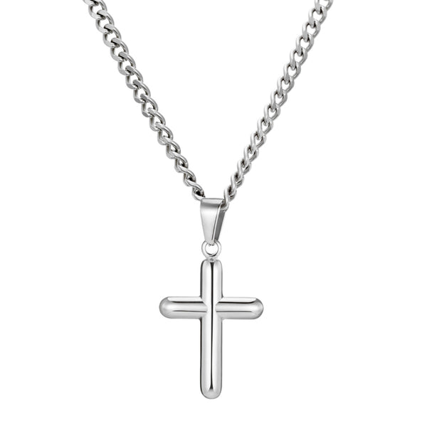 Blaze Men’s Stainless Steel Rounded Cross Pendant with 3mm Curb Chain - 2 colours