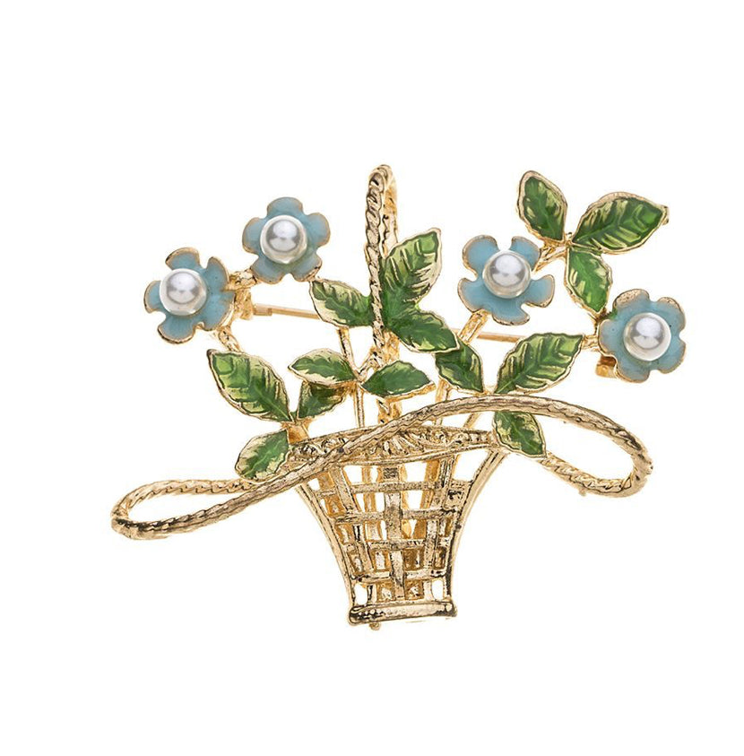 Brooch - Blue Flower in Basket with Pearl