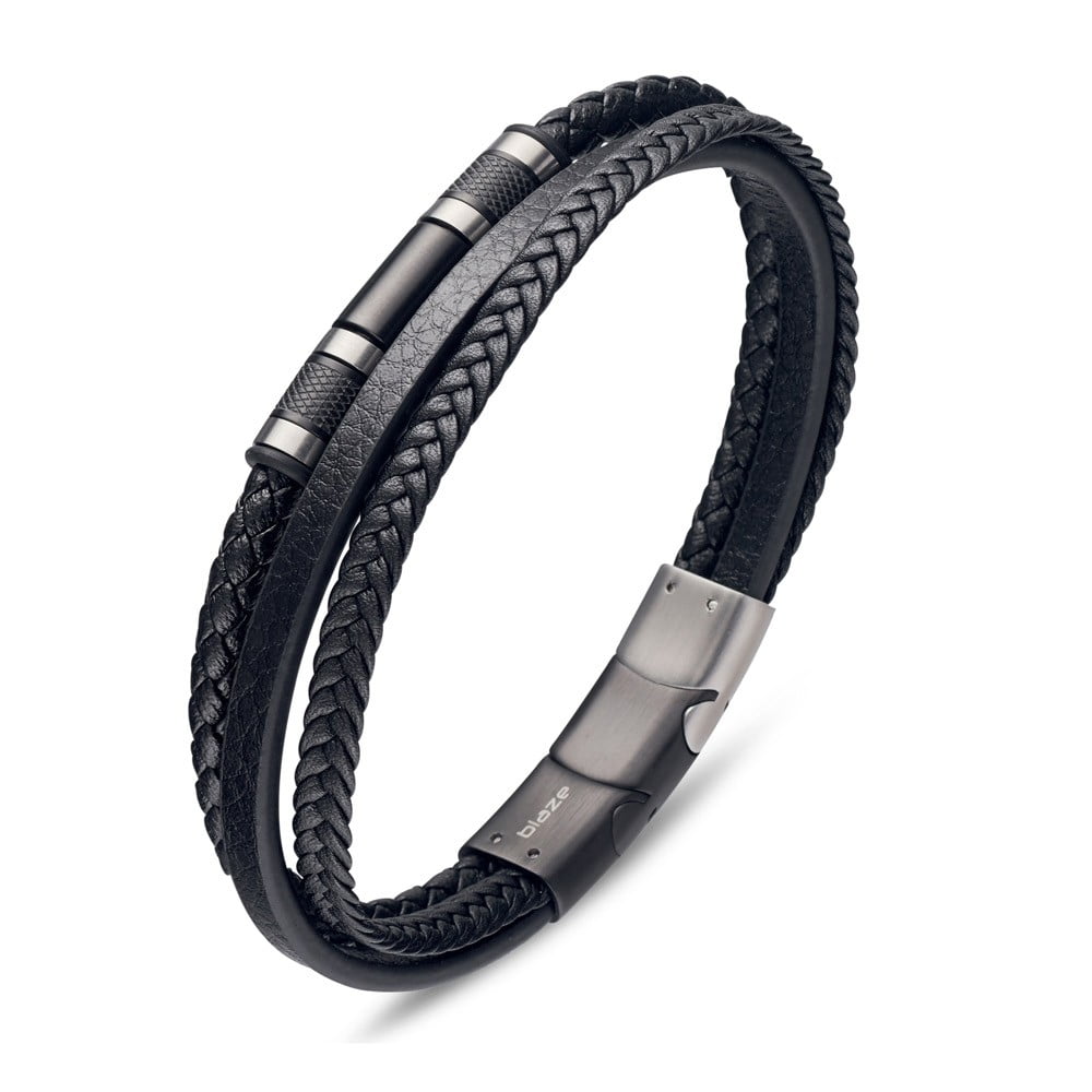 Blaze S/Steel Multi Strand Leather Bangle with Steel Details