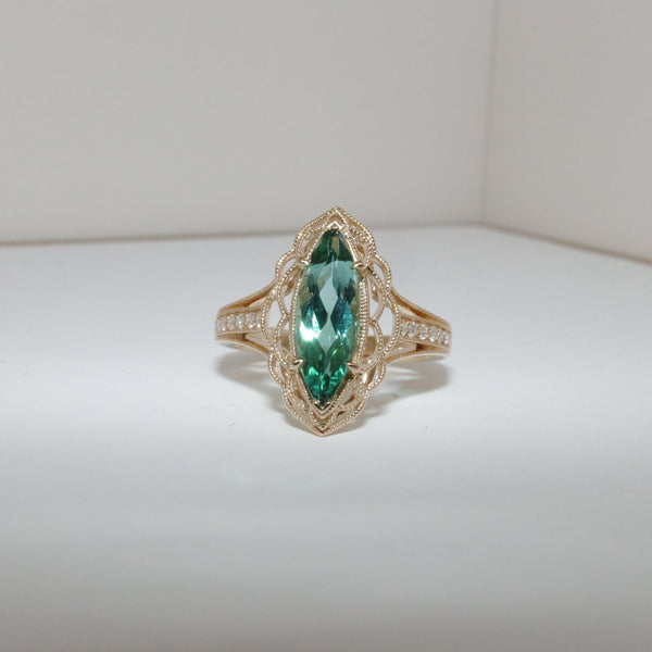 Vintage-Inspired Marquise Tourmaline & Diamond YellowGold Ring