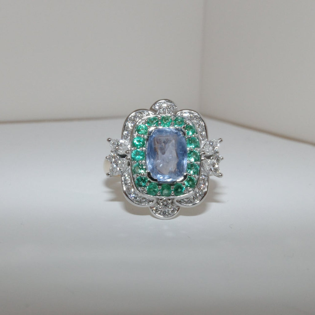Vintage Deco Blue Sapphire, Emerald & Diamond YellowGold/Platinum Ring