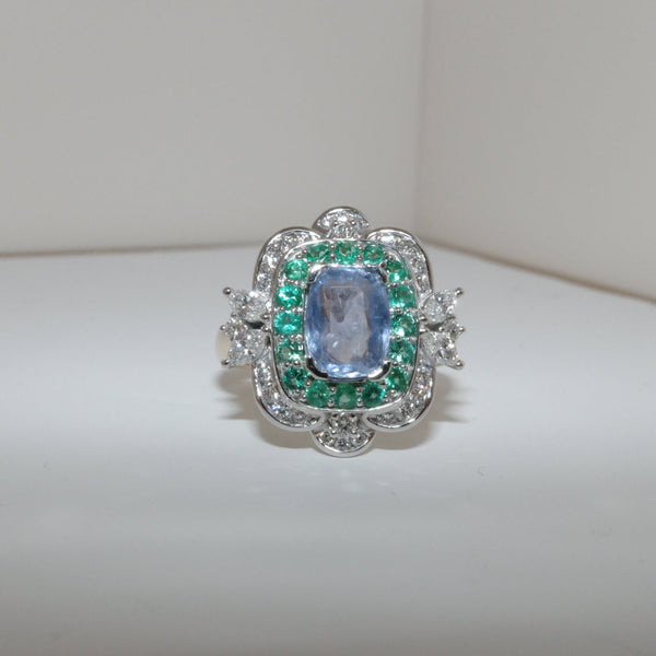 Vintage Deco Blue Sapphire, Emerald & Diamond YellowGold/Platinum Ring