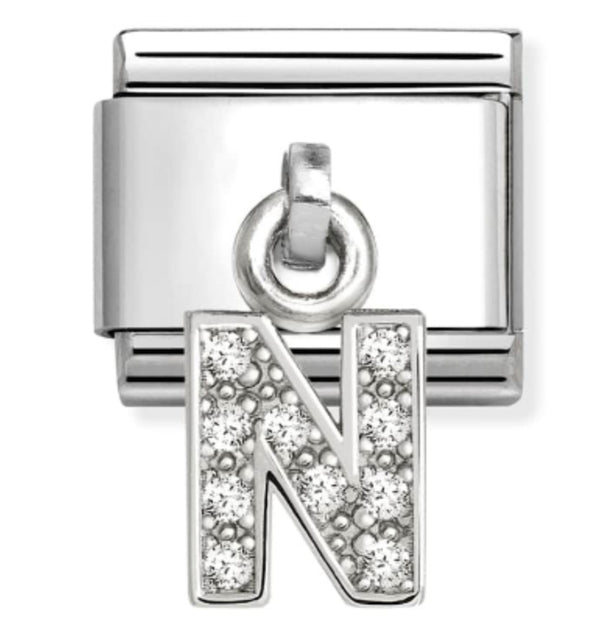 Silver - Letter N with CZ Dangle Charm