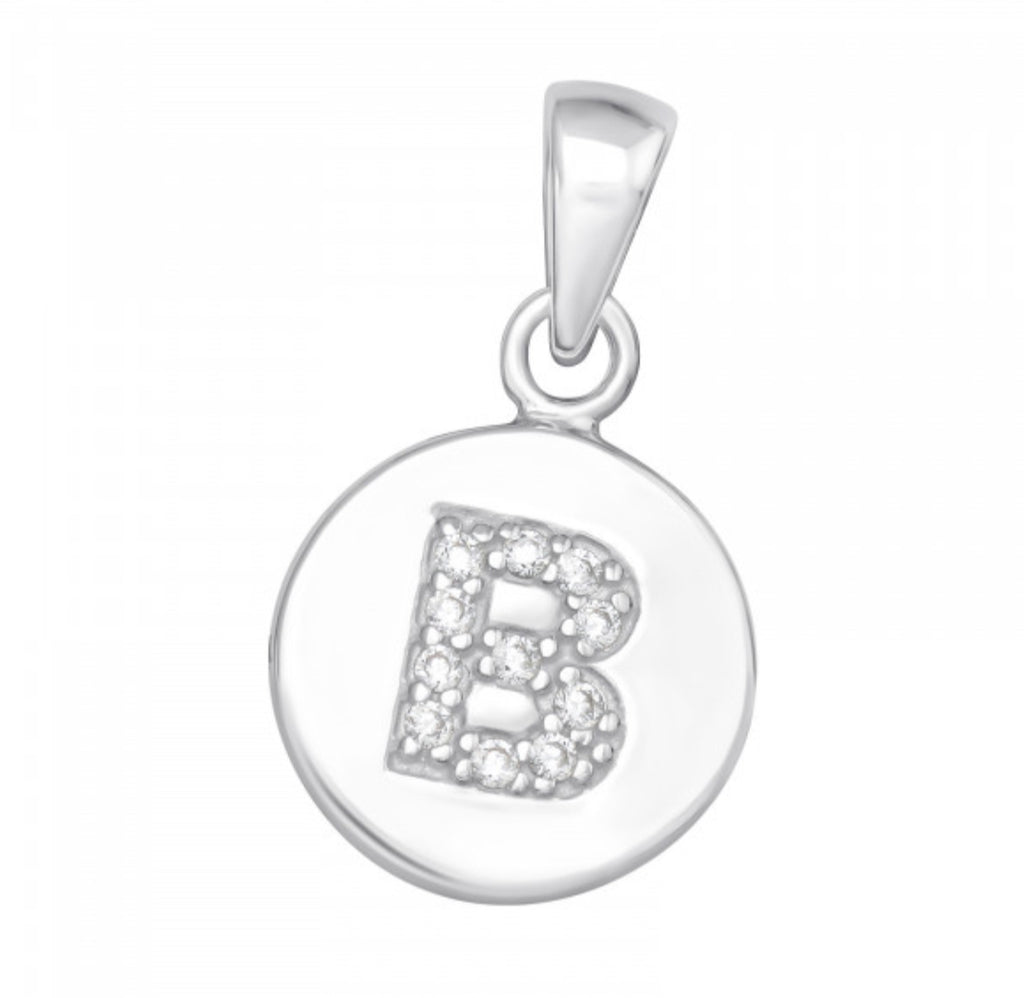 Round Disc White CZ Silver Initial Pendant