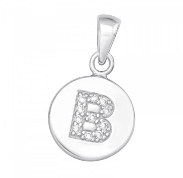 Round Disc White CZ Silver Initial Pendant