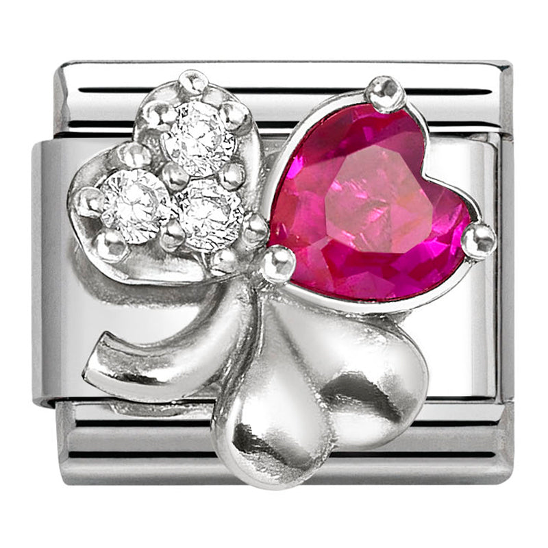 Good Luck - Clover with White & Red CZ Silver Charm