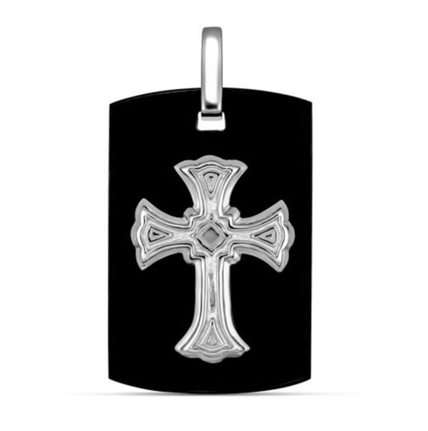 Black Onyx Silver Cross Dog Tag Pendant