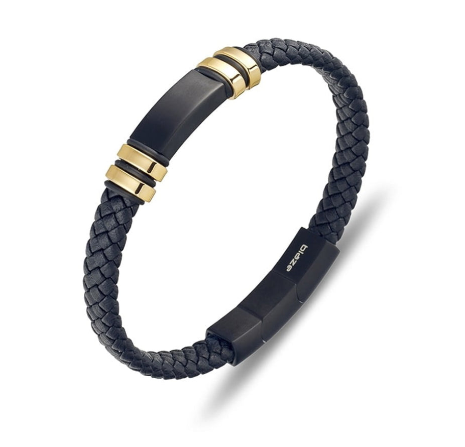 Bracelet - Blaze Stainless Steel Men’s Black Leather with Gold ID Detailing Bangle