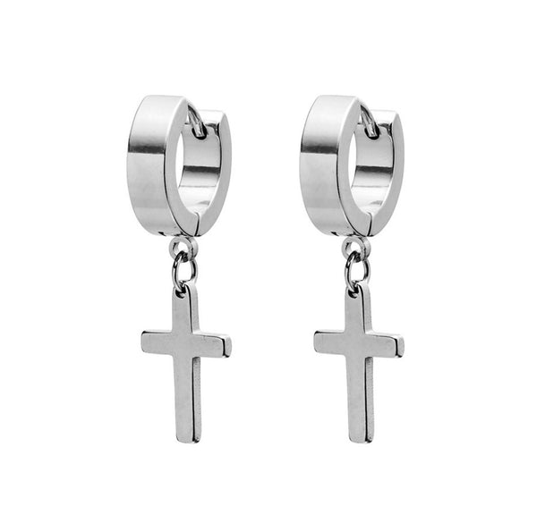 Men Earring - Stainless Steel Huggies with Square Drop Cross