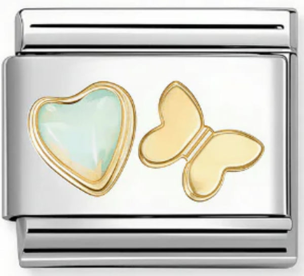 Nature - White Opal Heart with Butterfly Gold Charm