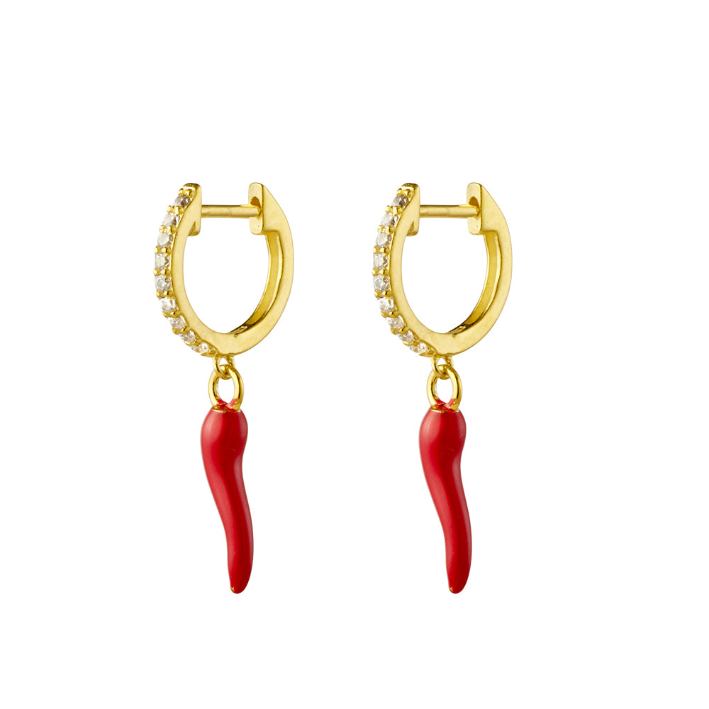 CZ Huggie with Red Chilli Cornicello Horn Drop Huggie Earrings
