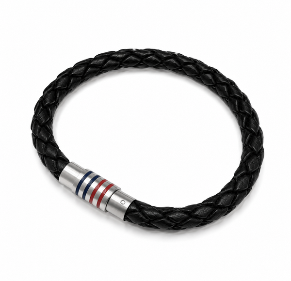 Black Leather Bangle with Red & Blue Screw Magnet Clasp