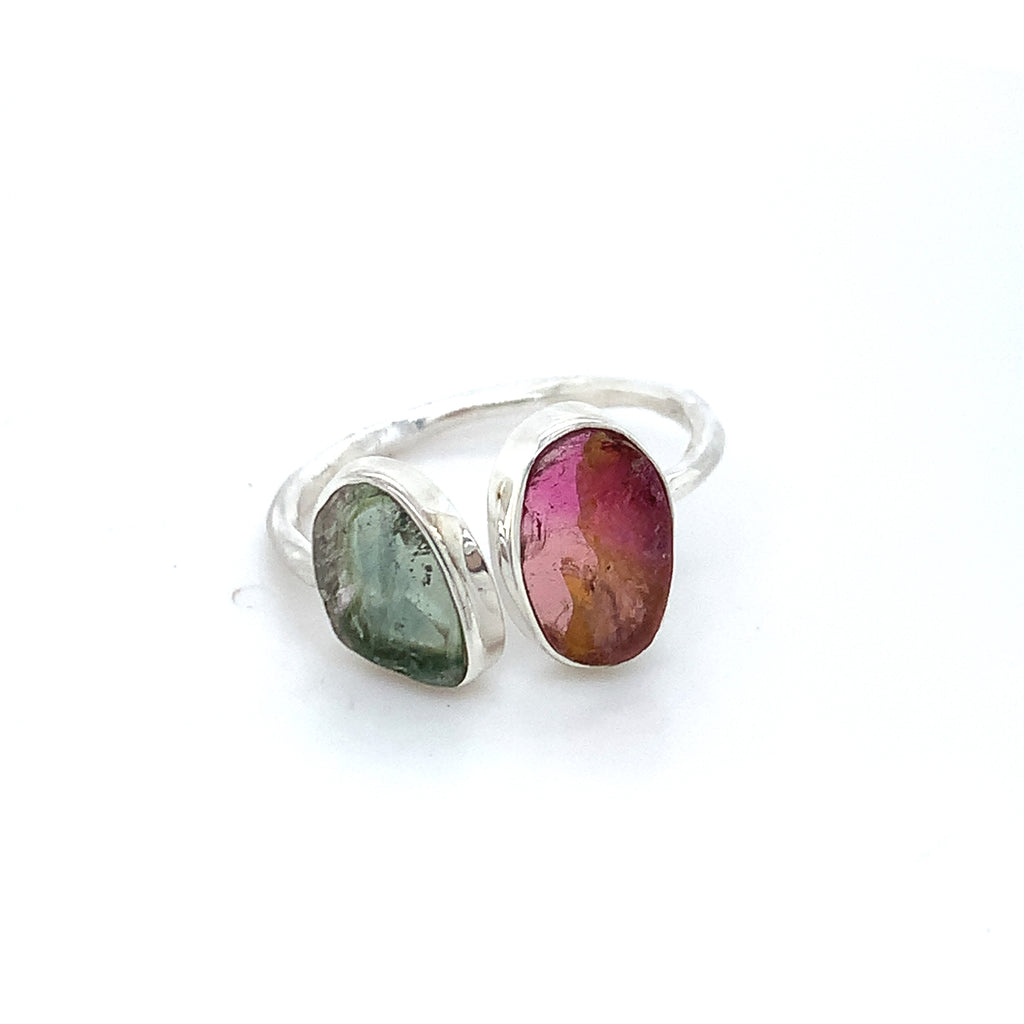 Double Flat Semi-Precious Tourmaline Silver Ring