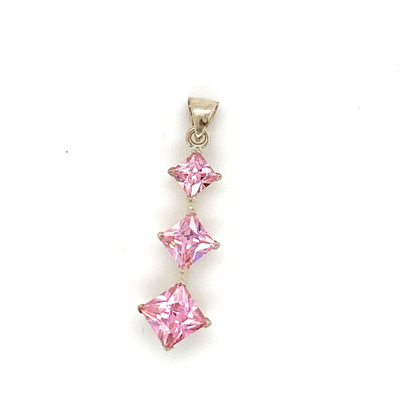3 Pink Crystal Drop Silver Pendant