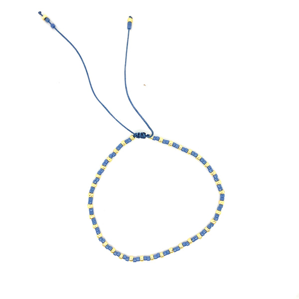 Adjustable Beaded Bracelet - Blue & Gold Glass Beaded