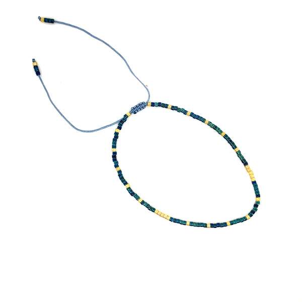 Adjustable Beaded Bracelet - Dark Blue & Gold Glass