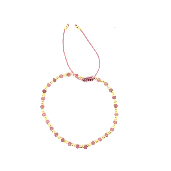 Adjustable Beaded Bracelet - Pink & Gold Gemstone