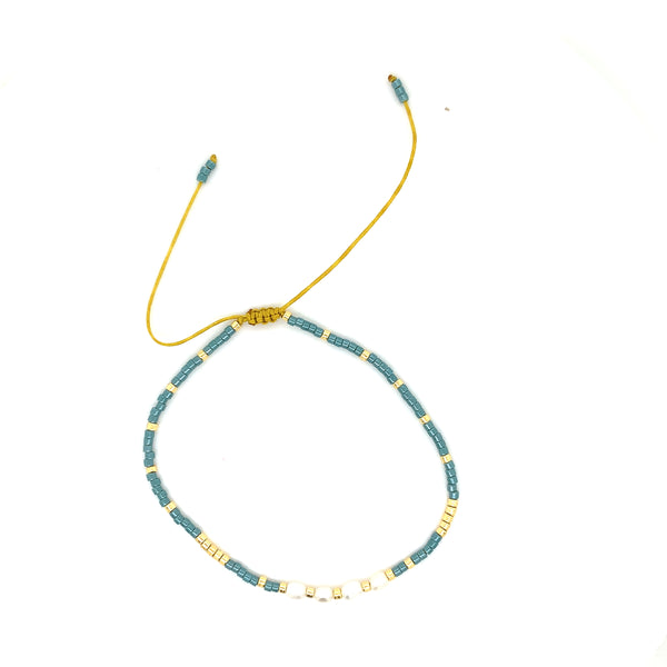 Adjustable Beaded Bracelet - Blue Glass Beads & Pearls